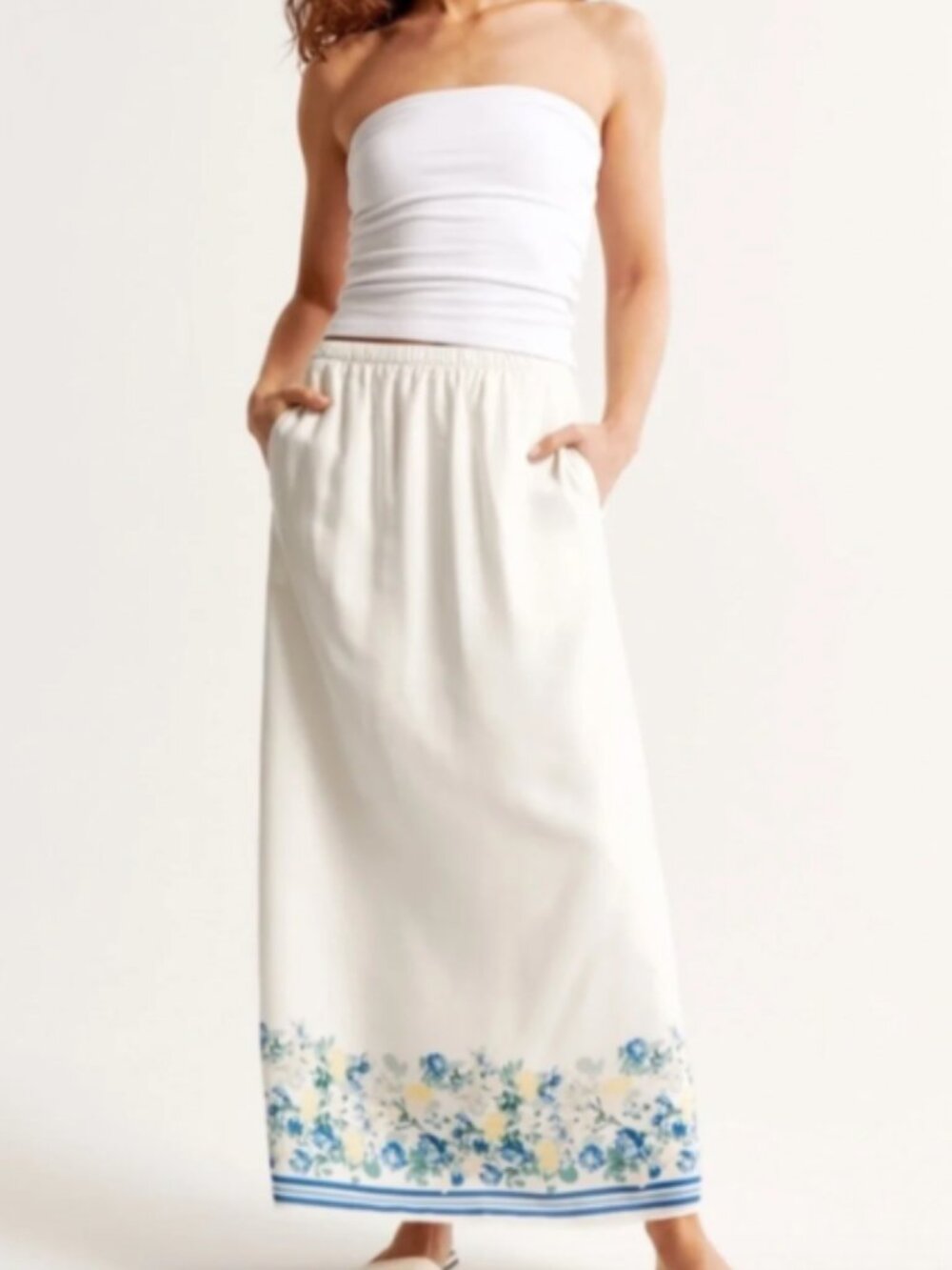 AF Abercrombie & Fitch Faux Silk Maxi White Ivory Blue Floral Skirt Size S Tall